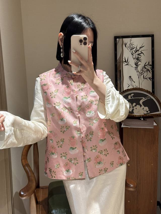 诸事顺利全真丝宋锦马甲，S- Xl