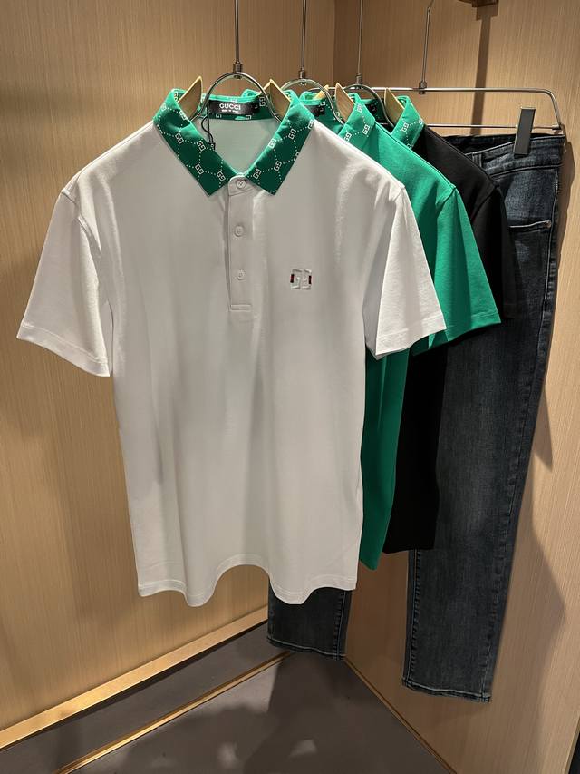 Guc*I 古家2025春夏新款短袖Polo衫，贸易公司渠道稀出，同步官网发售！G家春夏系列情侣上线，胸前刺绣Logo设计！面料透气有一定的自重感，定制原版进口