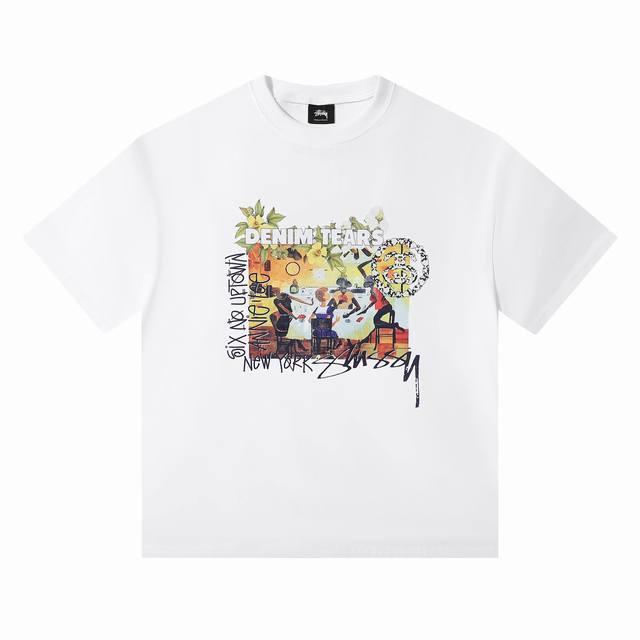 顶级版本 Stussy斯图西 Ss25新品 Denim Tears Annie Lee Tee联名款 夏日复古胸前鲜花聚会图案涂鸦印花Logo高街复古美潮西海岸