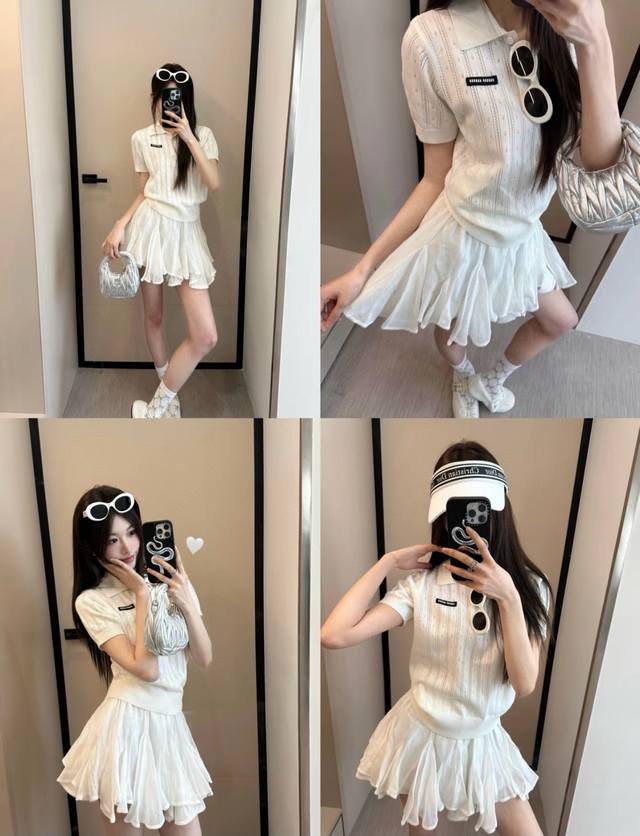 Miumiu缪缪定制字母小标镂空翻领针织短袖 款号：25671804411 颜色：白色 尺码：均码 80-125斤