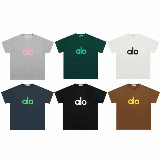 正确版本 Alo 25年新款春夏纯棉260克宽松短袖圆领显瘦男女款慵懒感T恤发泡印花” Aloyoga成立于2007年，专注于瑜伽New Arrivals和功能性运动单品的设计，强