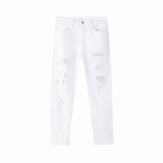 Amiri Mx1 烫钻 高街牛仔裤修身弹力水洗刀割破洞长裤 水洗大厂出品 正面 背面 裤脚猫须玩美落色 满满的高级感 膝盖部分破坏设计搭配拼皮设计 已经作为门