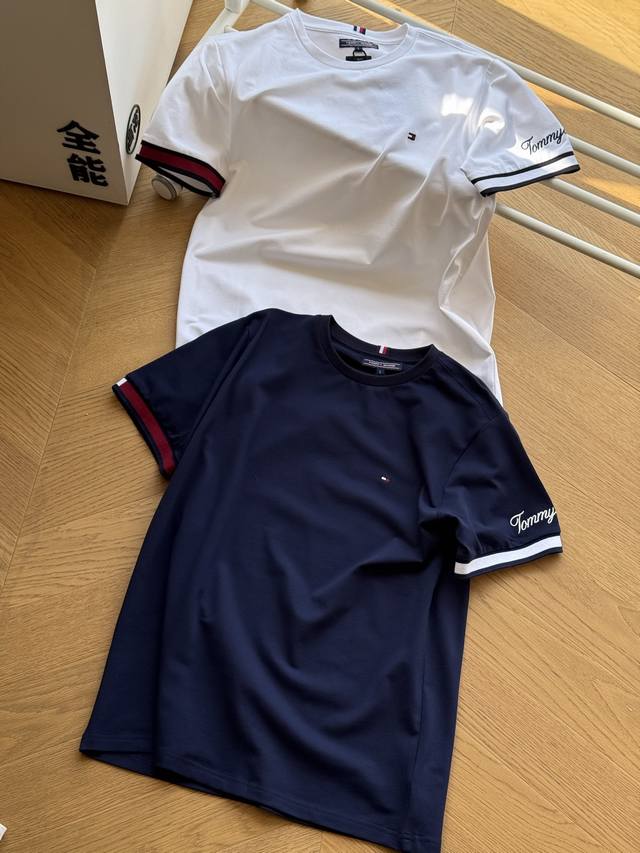 Tommy Hilfiger汤米男士网眼棉休闲时尚Logo刺绣圆领短袖T恤 藏青 白色 M-Xxl 原版210G高珠地棉面料，柔软亲肤，棉质饱满，附有弹力！胸口