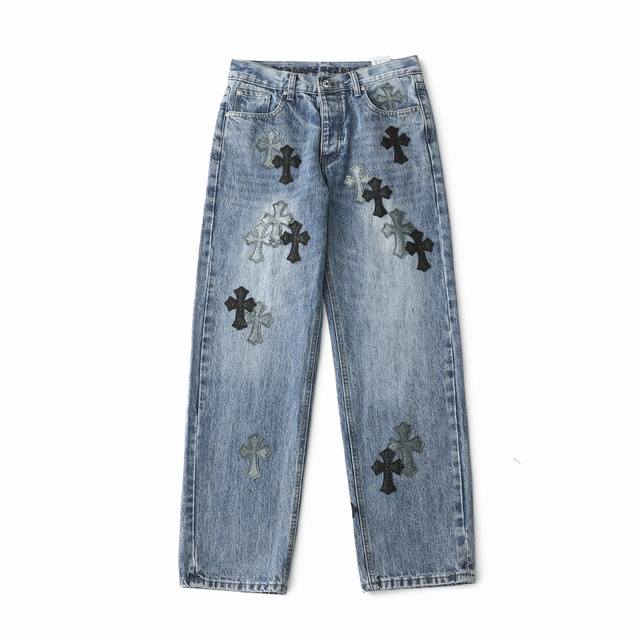 Chrome Hearts 25Ss星空限定十字架牛仔阔腿裤 意产特种牛皮印花再切割 订制羊皮三层粗线帖皮 整体拼接在重水水洗工艺 匠人手工泼墨 细节看的到 立
