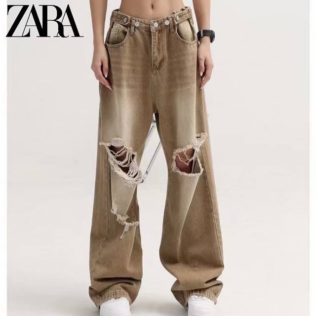 Zara 热可可直筒破洞复古水洗做旧牛仔裤情侣款 Color: 棕色 Size: M-Xl M 腰围80 臀围116 裤长101 Cm L 腰围84 臀围120