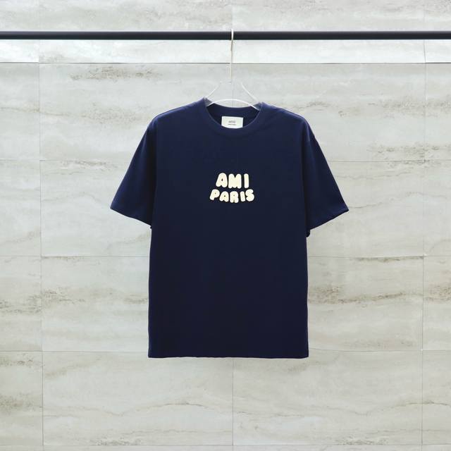 实拍图Ami paris 限定新款立体草编棉线刺绣字母短袖 T恤 手缝白标款 版型超好男女同款 1:1还原官网正确版本，高克重面料，同步细节走线，还原官网字母刺