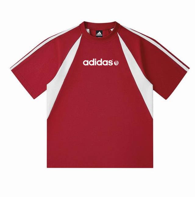 新款阿迪达斯Adidas 环球字母插肩撞色拼接Ins 领口螺纹针织情侣同款宽松落肩短袖T恤 面料: 300G重磅纯棉新疆长绒棉 采用特定重磅32S精棉平纹针织面