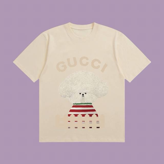 高端品质 Gucci 2025Fall 春夏系列 围栏狗狗短袖T恤 区别普通印花 定织270G32支双纱纯棉面料 宽松版型 男女同款 颜色：白 黑 杏 深咖 S