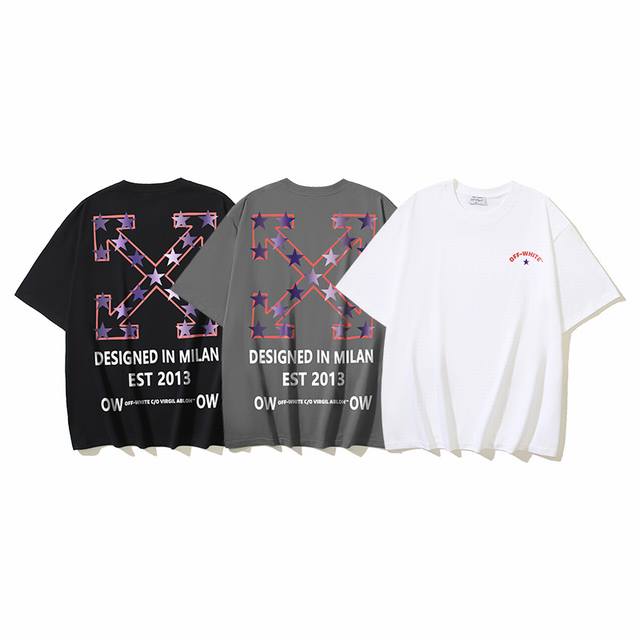1127# Off-White纯棉260G重磅五角星箭头Designed In Milan印花短袖T恤 黑色 白色 S M L Xl