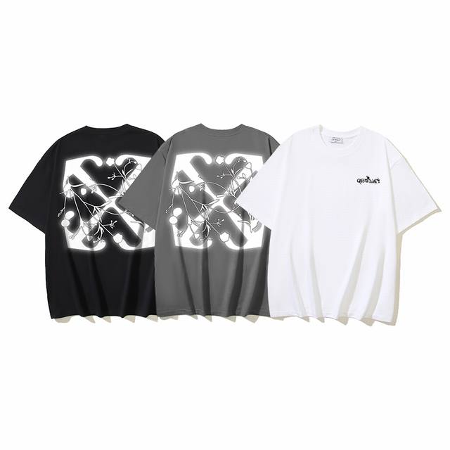 1117# Off-White纯棉260G重磅发光花卉箭头Off印花短袖T恤 黑色 白色 S M L Xl