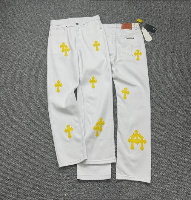 款号：H803 Chrome Hearts & 克罗心 高端克罗心白色黄皮十字拼皮牛仔裤 潮流大叔同款 原版五金辅料水洗等吊卡，二维码解析均为采购原厂，还原度高
