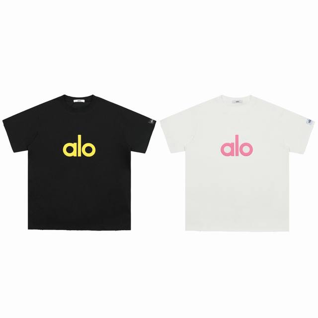 正确版本 Alo 25年新款春夏纯棉260克宽松短袖圆领显瘦男女款慵懒感T恤发泡印花 注意：领口，下摆，袖口都是破洞磨破的，领子也是正确版宽领口 颜色：黑色 白