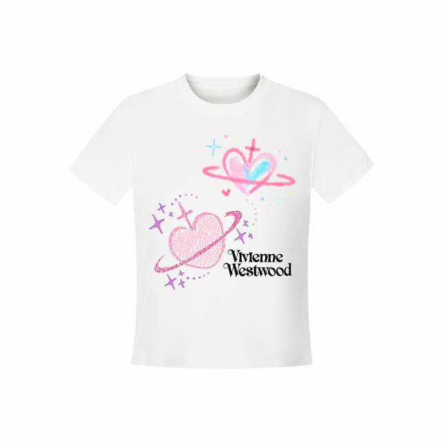 Vivienne West Wood 西天后薇薇安 2025夏季新款涂鸦系列土星设计款蜡笔爱心Logo正肩短袖T恤 女款 全网独家纯棉高品质 款号：Vi10 尺
