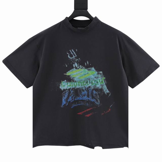 Balenciaga巴黎世家Blcg25Ss水洗手工割破.幻影涂鸦短袖T恤 进口白墨直喷印花.透气.宽松版本男女同款 Size：Xs-L