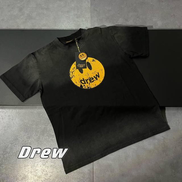 D60# 顶级版本 细节区分市场版 -夏季最新款Drew水洗做旧龟裂破坏笑脸印花宽松短袖T恤 情侣款- Drew House Mascot Ss Teenavy