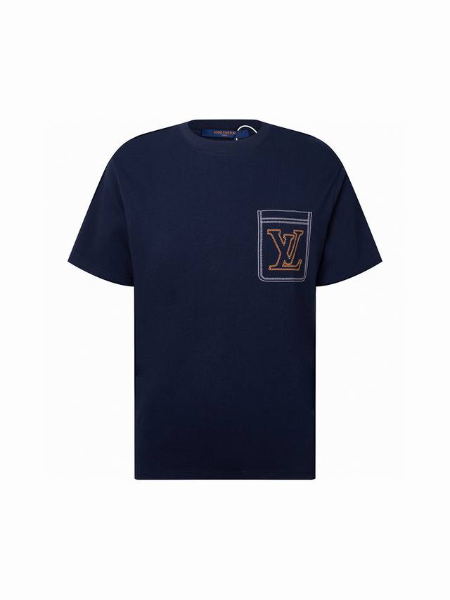 Zp版本 Louis Vuitton 官网经典款 假口袋标识立体刺绣 男女同款短袖T桖 -采用原版洗水后300G定制全棉定制定染面料 螺纹同缸定染零色差 独家品