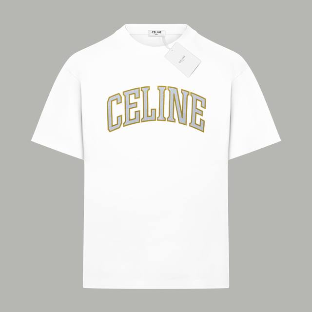 Celine 赛琳 官网同款 龟裂字母Logo 印花双纱纯棉短袖 - 280G双纱纯棉顶级面料 手感柔软 百分百纯棉独家出货 定染硫化黑无尘处理面料 -面料：2