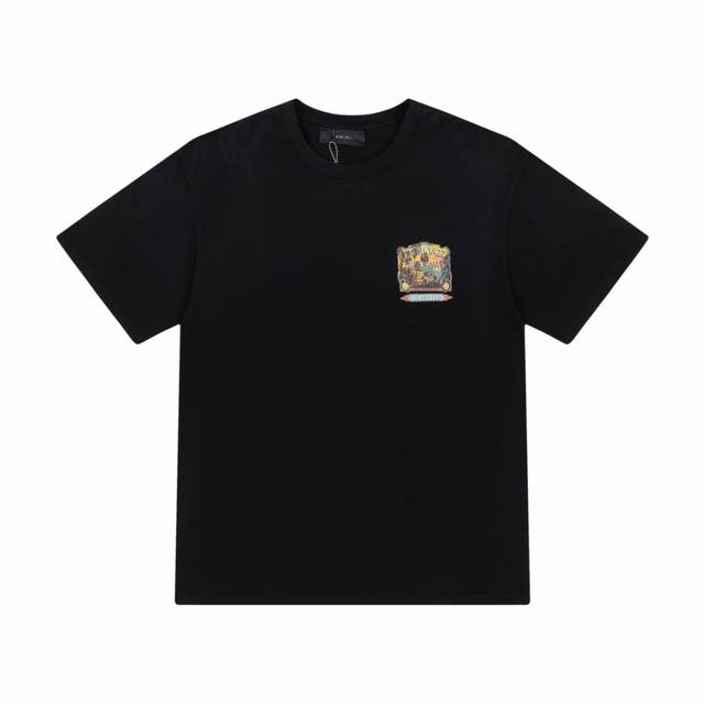 8043# ,Amiri古城Logo,数码直喷印花洗水宽松版T桖，采用300克重面料，颜色：黑色，尺码：S M L Xl