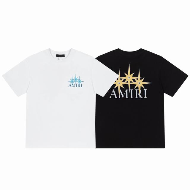 8032# ，Amiri星星Logo手工印花宽松版短袖T桖，采用300克重面料，颜色：黑色，白色，尺码：S M L Xl