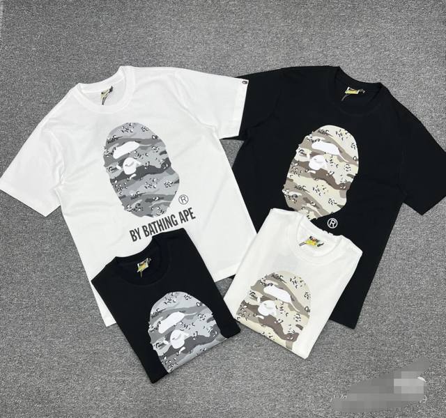 001037款A Bathing Ape 纯色圆领套头沙漠迷彩猿人字母图案印花短袖 男女同款 码数Smlxlxxl 白灰，黑灰，白黄，黑黄