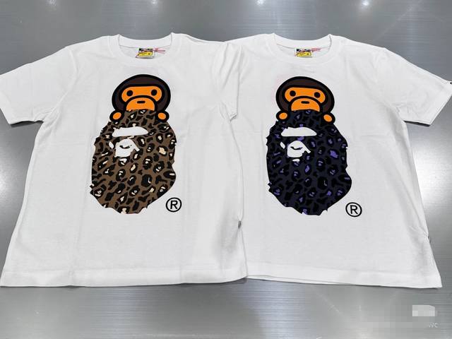 001035款A Bathing Ape 豹纹猿人卡通图案印花短袖 男女同款 码数Smlxlxxl 白黄，黑黄，白紫，黑紫