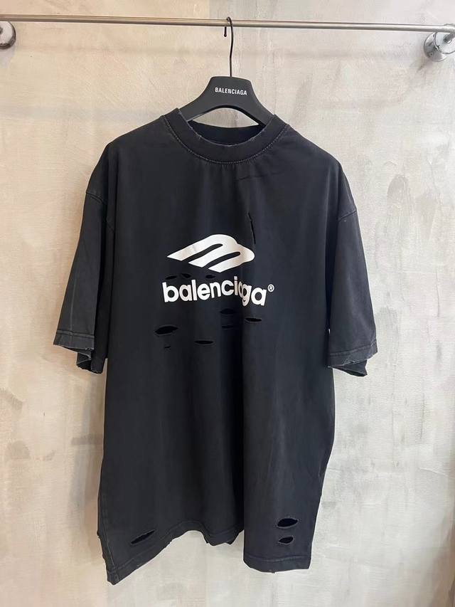 1211 新款Balenciaga25Ss.3M印花工艺.水洗重工炒盐割破工艺短袖T恤.宽松版本.男女同款 码数：1.2.3.4