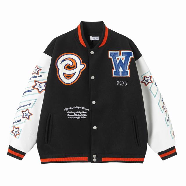off White X30 尺码：M Lxl Xxl Offwhite24Ss走秀款棒球服夹克外套 原板开模，耗时一个月出货 重工刺绣拼皮棒球服 大身采用羊毛呢