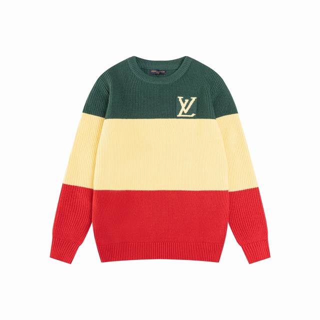 款号M22 路易威登最新款红绿灯拼色针织图案Logo毛衣 圆领套头毛衣非常简洁大方，男女同款 采用三色提花工艺 原模开板一比一还原 三标齐全 M L Xl Xx