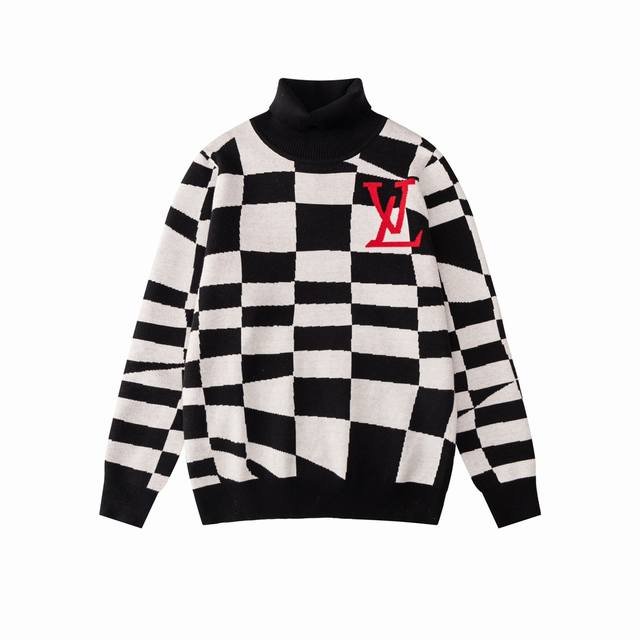 款号M20 1V秋冬新品 顶级品质 区别通货 采用不规则扭曲黑白棋盘格子高领毛衣高密度针织 百搭毛衣 经典时尚 男女同款 一比一还原辅料齐全 M L Xl Xx