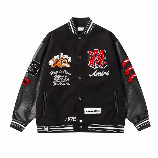 款号666 Amiri新款老虎毛巾绣万针刺绣棒球服外套，高克重龙凤尼面料搭配荔枝纹皮革手袖，重工五金一比一还原 M L Xl Xxl
