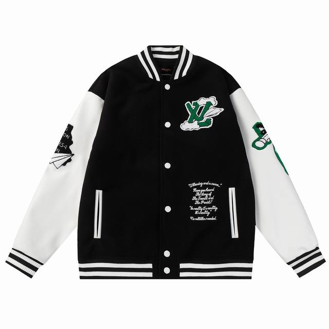 b98 Lv 涂鸦绘画毛巾绣棒球服外套 700G龙凤尼搭配荔枝纹皮革手袖， 宽松百搭 五金一比一打造 M L Xl Xxl