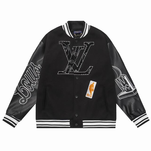 款号B10 Lv X Nba 联名毛巾绣棒球服700G尼料加荔枝纹牛皮 M L Xl Xxl 黑
