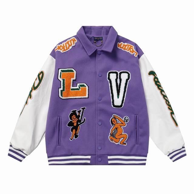 款号B06 Lv青蛙与裸女棒球服 700G高克重尼料 荔枝纹手皮 M L Xl Xxl 紫色