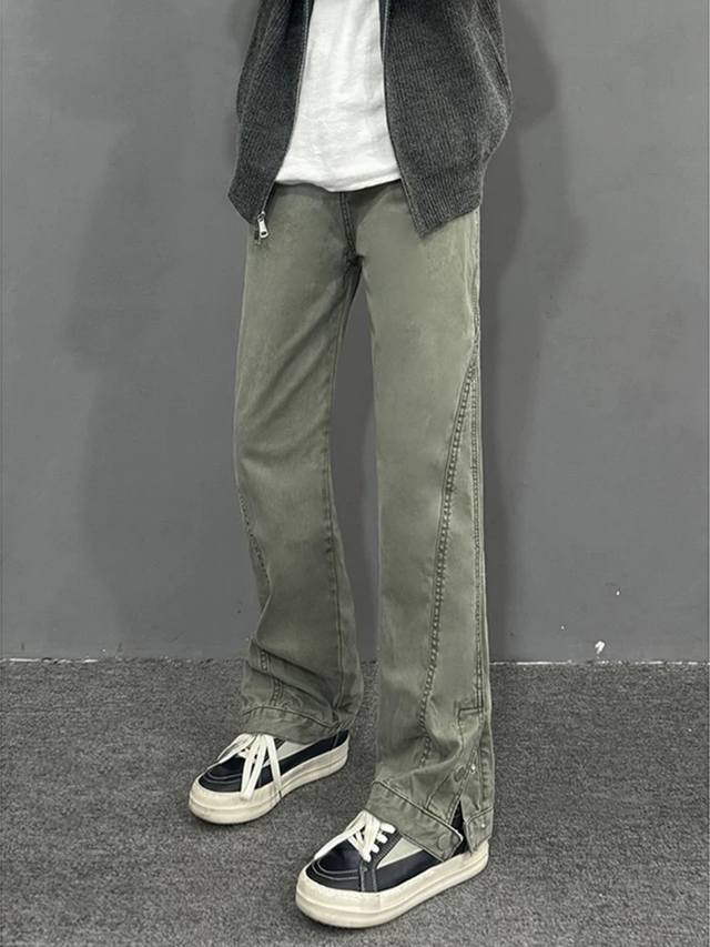 款号Xk3257 美式复古灰绿色工装裤显瘦Cleanfit开叉裤子潮直筒伐木裤，面料定制经过一流的高工艺水洗 ，质地紧密 色泽均匀 纹理清晰，上身非常舒适 直筒