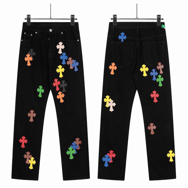 8158 Chrome Hearts 克罗心高端克罗限定火焰彩皮十字拼皮直筒拼皮牛仔裤 真实还原Vintage极致质感 意产特种牛皮印花再切割 订制羊皮三层粗线