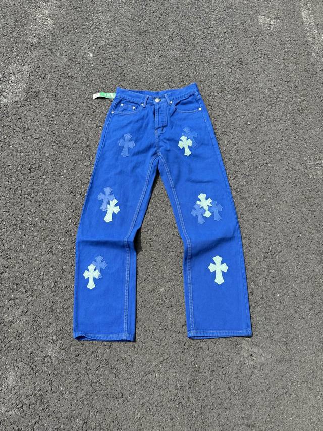 8033 Chrome Hearts克罗心Ch伦敦限定多巴胺蓝拼皮范丞丞同款牛仔裤 原版购入打版 真实还原Vintage极致质感 意产特种牛皮印花再切割 订制羊