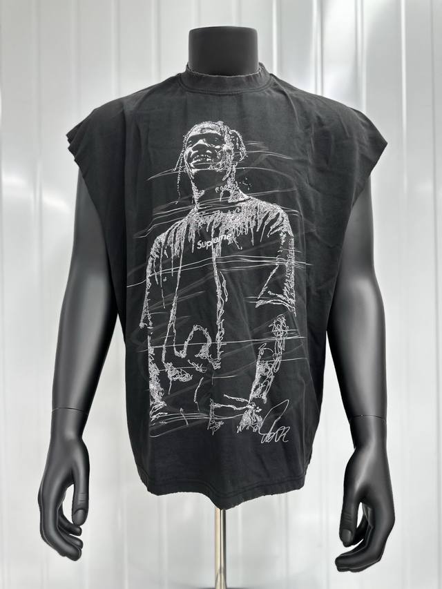 Vt034 Travis Scott斯科特Big Face人像限定浮夸搞怪印花复古水洗做旧无袖坎肩T恤 小领口设计 白墨数码直喷印花 手工磨破工艺 高街复古重磅