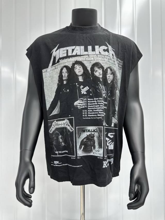 Vt032 Metallica金属乐队经典Big Face人像印花复古水洗做旧无袖坎肩T恤 小领口设计 白墨数码直喷印花 手工磨破工艺 高街复古重磅做旧水洗Vi
