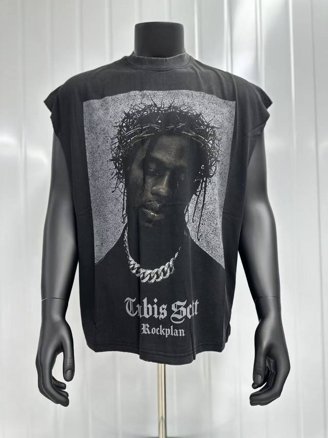 Vt019 Travis Scott斯科特Big Face荆棘人像限定浮夸搞怪印花复古水洗做旧无袖坎肩T恤 小领口设计 白墨数码直喷印花 手工磨破工艺 高街复古
