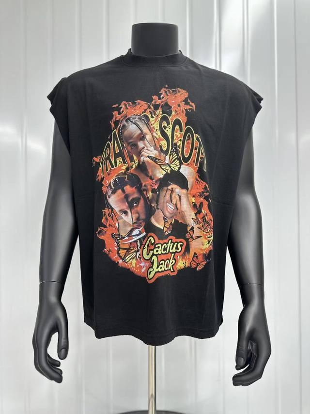 Vt018 Travis Scott斯科特Big Face人像演出限定浮夸搞怪印花复古水洗做旧无袖坎肩T恤 小领口设计 白墨数码直喷印花 手工磨破工艺 高街复古