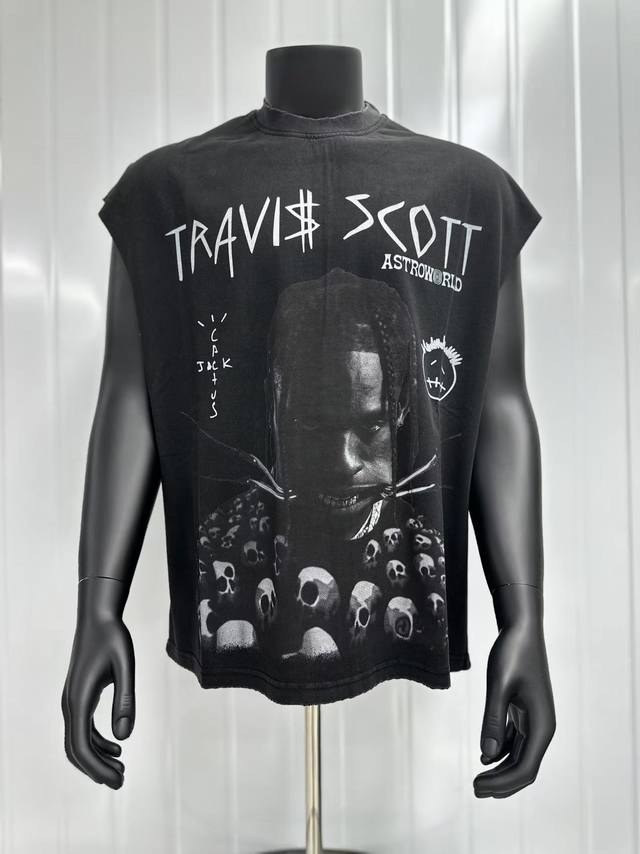 Vt013 Travis Scott斯科特联名Utopia专辑周边骷髅人像数码直喷印花复古水洗做旧坎肩无袖T恤 小领口设计 白墨数码直喷印花 手工磨破工艺 高街