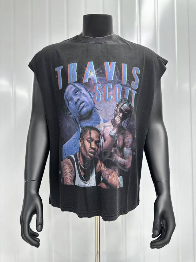 Vt006 Travis Scott斯科特Big Face人像演出限定浮夸搞怪印花复古水洗做旧无袖坎肩T恤 小领口设计 白墨数码直喷印花 手工磨破工艺 高街复古