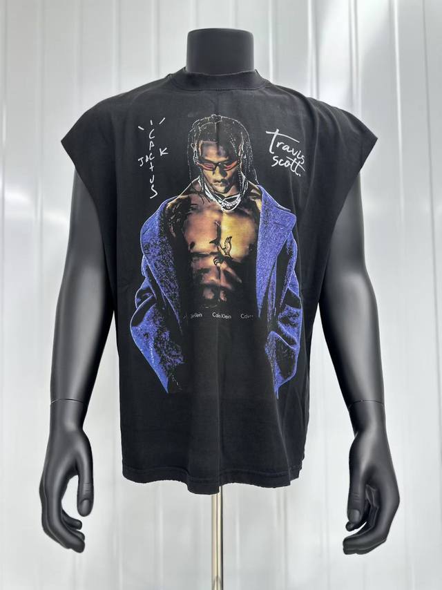 Vt003 Travis Scott斯科特Big Face人像演出限定浮夸搞怪印花复古水洗做旧无袖坎肩T恤 小领口设计 白墨数码直喷印花 手工磨破工艺 高街复古
