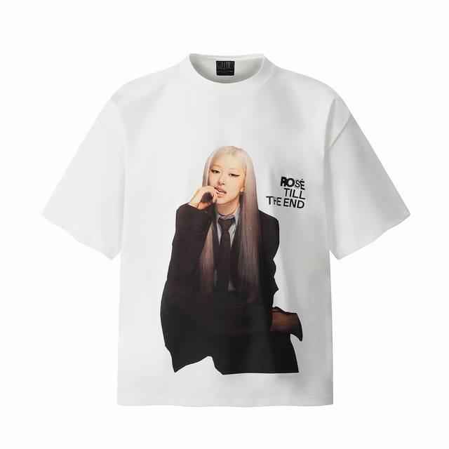 vt9203 Black pink朴彩英Rose韩国女团Big Face人像复古短袖T恤 小领口设计 白墨数码直喷印花 高街复古重磅做旧水洗Vintage短袖