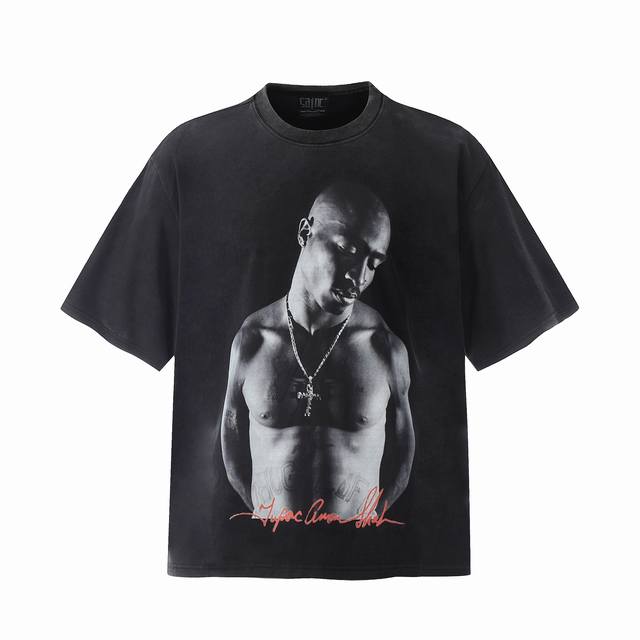 Vt9183 图派克Tupac说唱歌手2pac人像Big Face数码直喷印花复古水洗做旧短袖T恤 小领口设计 白墨数码直喷印花 高街复古重磅做旧水洗Vinta