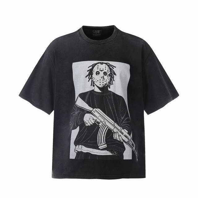 Vt9182 漫画面具人恶搞持枪人像数码直喷印花复古短袖T恤 小领口设计 白墨数码直喷印花 高街复古重磅Vintage短袖 尺码：S M L Xl