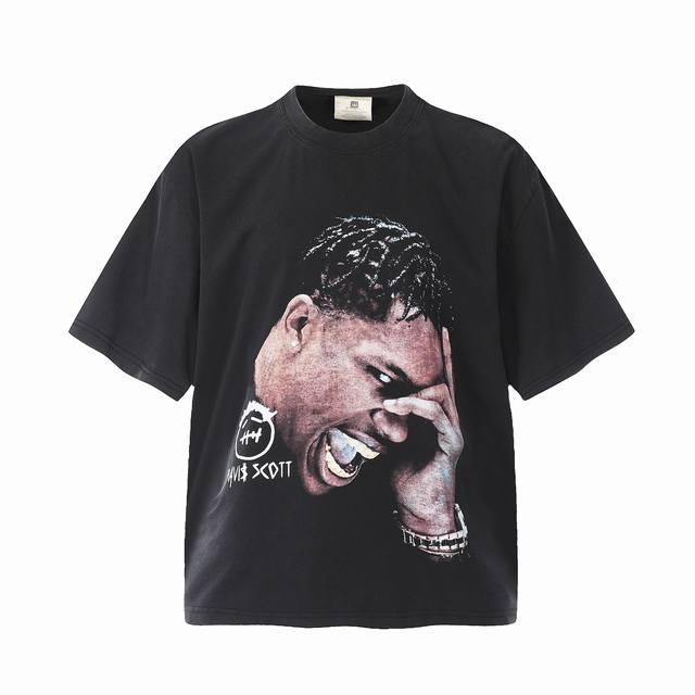 Vt986 Travis Scott斯科特Big Face人像演出限定搞怪印花复古水洗做旧短袖T恤 小领口设计 白墨数码直喷印花 高街复古重磅做旧水洗Vinta