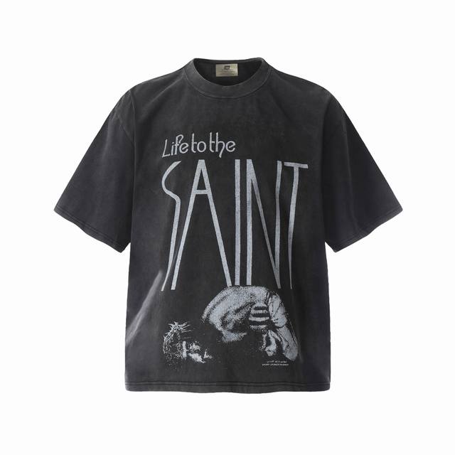 Vt964 Saint Michael字母伏地耶稣宗教Big Face人像数码直喷印花复古水洗做旧短袖T恤 小领口设计 白墨数码直喷印花 高街复古重磅做旧水洗V
