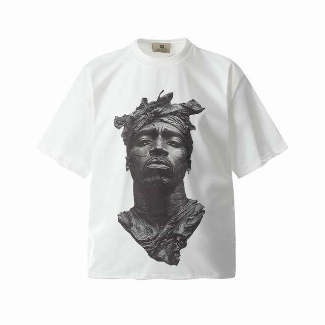 Vt961 致敬图派克Tupac说唱歌手2pac雕像人像Big Face数码直喷印花复古水洗做旧短袖T恤 小领口设计 白墨数码直喷印花 高街复古重磅做旧水洗Vi