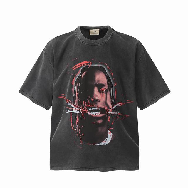 Vt950 Travis Scott斯科特Big Face人像限定浮夸搞怪印花复古水洗做旧短袖T恤 小领口设计 白墨数码直喷印花 高街复古重磅做旧水洗Vinta